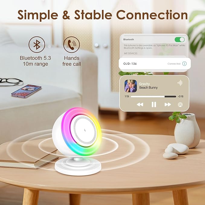 4 in 1 Bluetooth Speaker with 15W Magnetic Wireless Charger, Bedside Night Light,Touch Dimmable RGB Lights & Phone Stand for iPhone,Samsung,Android Device, Ideal Valentine‘s Gifts for Lovers (White)