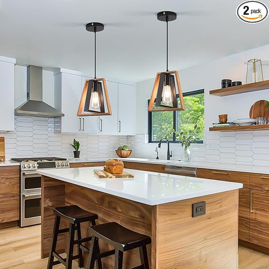 2 Pack Kitchen Island Pendant Lights, Black Industrial Metal and Vintage Wood Hanging Light, Mini Farmhouse Chandelier, Adjustable Height Rustic Ceiling Lamp for Entryway, Dining Room, Foyer