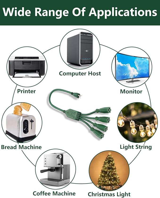 Extension Cord Splitter,4 Plug Splitter,14AWG SJTW 15A 1875W 14/3-Gauge 2.3FT Power Splitter, 4 Way 3 Prong 1 to 4 Plug Power Cord Splitter, Heavy Duty Cable, Green, for Indoor or Outdoor Use.