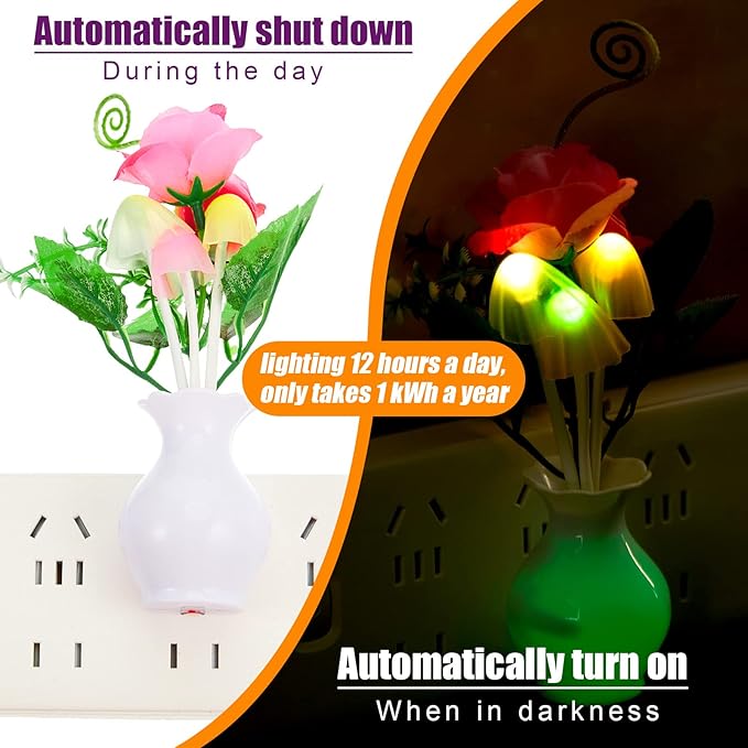 Mudder 4 Pcs Sensor Mushroom Night Lights LED Night Lights 7 Color Changing Plug-in Light Sensor Wall Lamp for Adults Bedroom, Bathroom, Christmas Party Gift(Red Lilies, Purple Lilies, Rose, Tulip)