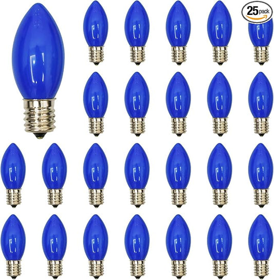 Abeja 25 Pack Blue Replacement C9 Bulbs, Fits C9/E17 Base, Outdoor String Lights, Candle Lamps, Night Lights