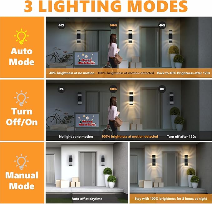 DASTOR Motion Sensor Outdoor Wall Lights 2 Pack, Dusk to Dawn Outdoor Lighting 3-Layer Exterior Porch Light Fixtures, Up and Down Outside Lights for House Garage