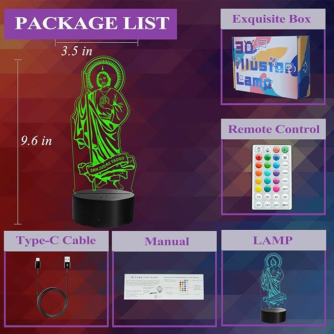 San Judas Tadeo Night Light, Judas Tadeo Decor, 3D Illusion Lamp with Remote Control, 16 RGB Colors, 4 Flashing Modes, Timer, Kids Room Decor