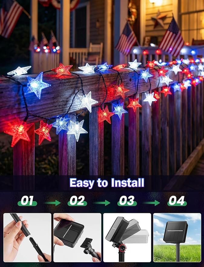 Solar String Lights Red White Blue Star LED Solar Powered Lights Waterproof Outdoor Lights for 4th of July Decorations Patio Garden Yard Memorial Day Independence Day Christmas Party with 8 Modes