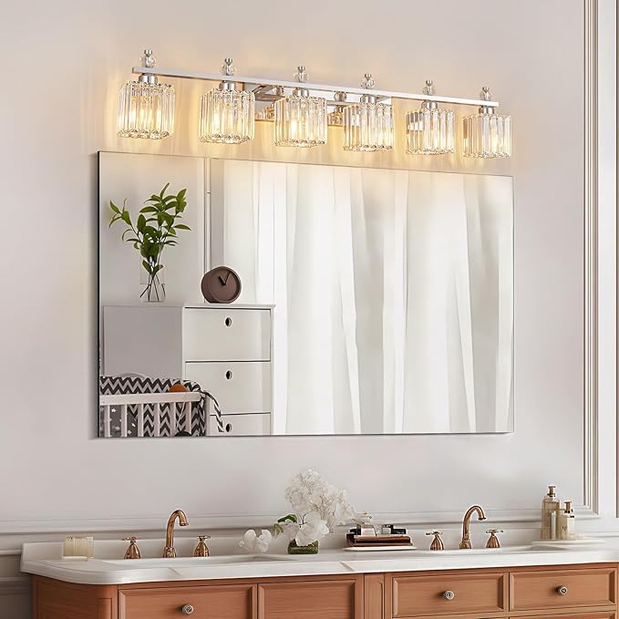 Vanity Lights 6-Light Modern Crystal Vanity Light Chrome Bathroom Light Fixtures Over Mirror Crystal Bathroom Vanity Lighting Fixtures