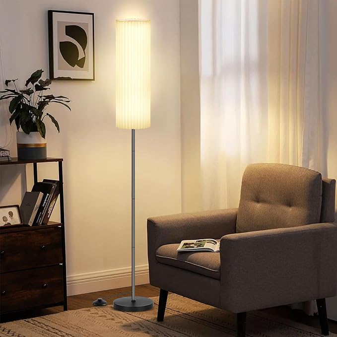 Drum Lamp Shade for Floor Lamps and Chandelier, 15.7"x6.1"x6.1" Linen Round Pleated Barrel Shade in White, Large Replacement Lamp Shade for Modern Interiors