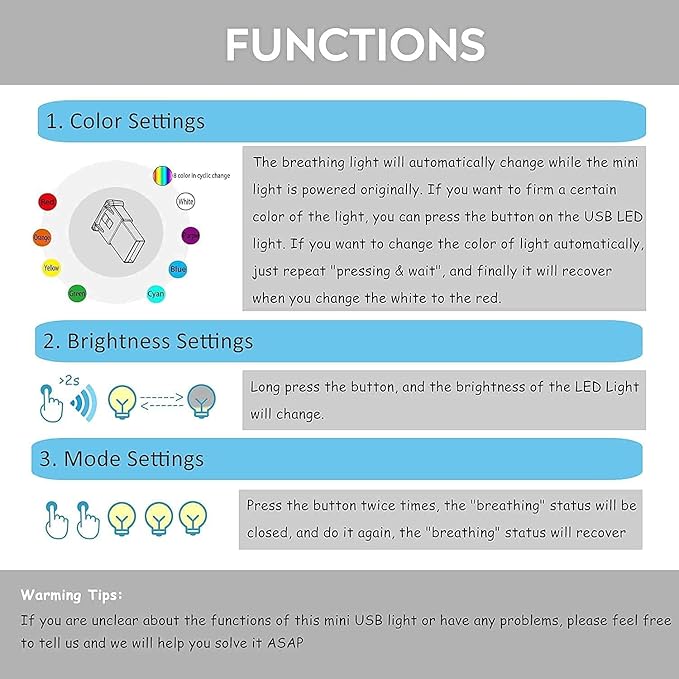 AOZITA Mini USB LED RGB Light Brightness Adjustable 8 Color Changeable for Car, Laptop, Keyboard. Atmosphere Smart Night Lamp for Home Decoration (DC : 5V) (Quantity: 2)