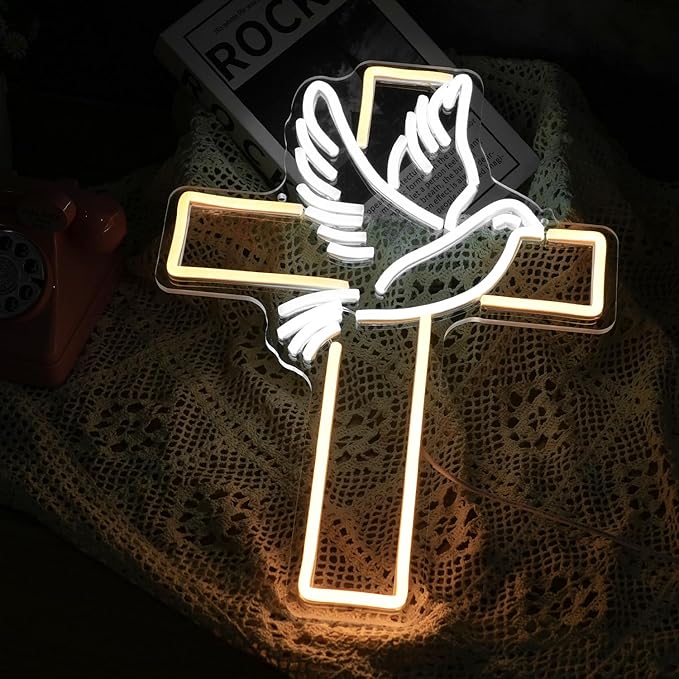 Cross Neon Sign Dimmable Led Easter Cross Neon Light For Wall Decoration White Dove of Peace Neon Light Signs USB Powered Light Up Sign For Festival Party Wedding Home Decor