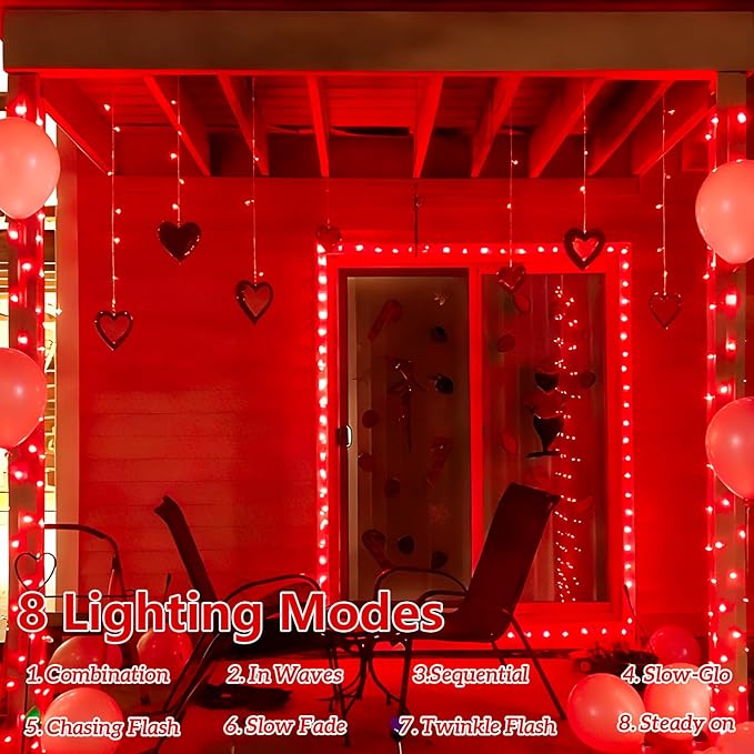 YEGUO 4 Pack Red Solar Fairy Lights, Each 33ft 100 LED Valentines Lights Outdoor Waterproof, 8 Modes Sliver Wire Solar Christmas String Lights