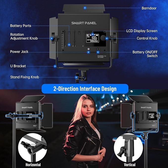 Mettlelite 2 Pack SPL210B Bi Color LED Video Light Kit with APP Control, 3200K-5600K, CRI TLCI 96+, Dimmable Photography Studio lighting with Barndoor,Diffuser, Light Stand and Carrying Case for Video