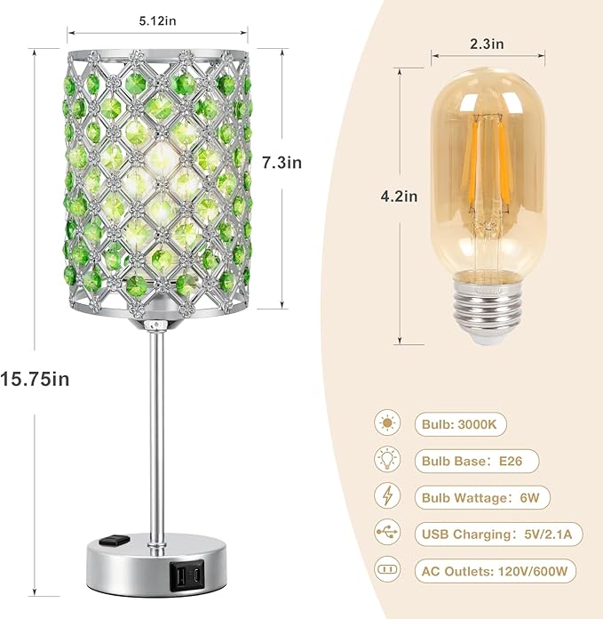 Hong-in Green Lamps for Night Stands-Crystal Table Lamp with USB-C+A & AC Charging Ports, 3-Way Dimmable Nightstand Touch Lamp, Bedside Desk lamp for Bedroom Living Room Home Office