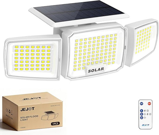 White Solar Security Light Outdoor Super Bright LED, Motion Sensor Flood Light, 3 Heads 270° Wide Angle, Remote Control, IP65 Waterproof, 3 Modes (1 Packs)
