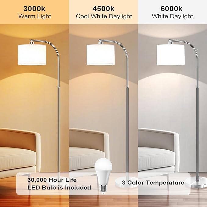 Floor Lamp for Living Room,65'' Modern Standing Lamps with 9W LED Bulb,Silver Tall Floor Light with Fabric Shade,3 Color Temperatures Tall Lamp for Bedroom Office Study Room Corner Dining Room