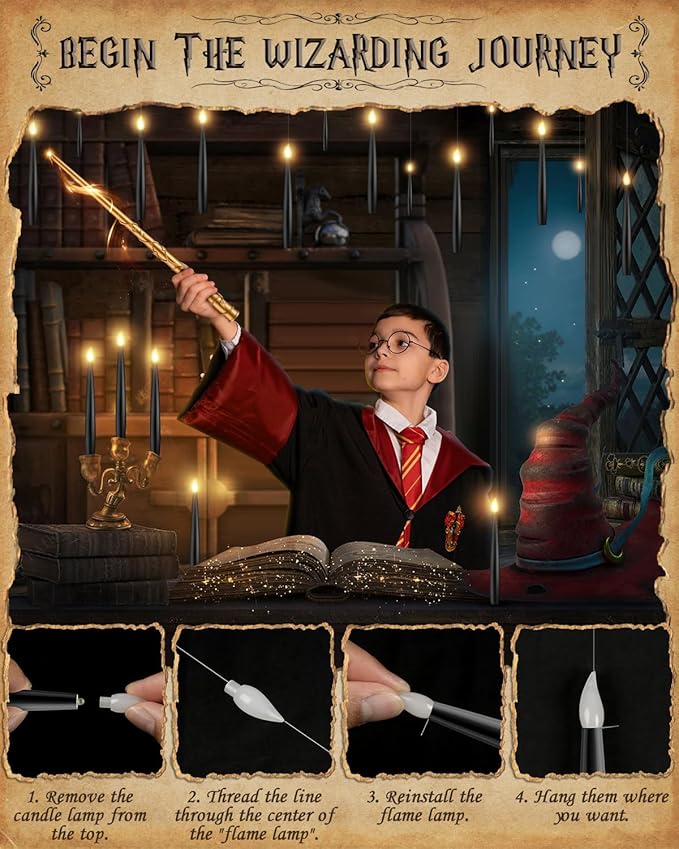 Floating Candles with Wand - 12 Pack Christmas Decorations Black Flameless Candles Flickering Warm Light LED Hanging Candle Remote, Battery Operated Candles for Christmas Outdoor Indoor Party Decor