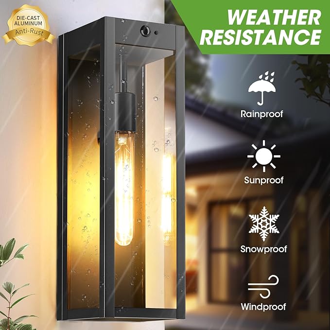 Motion Sensor Large Outdoor Wall Light Fixtures 2-Pack, Anti-Rust Front Porch Lights Wall Mount, 16'' Dusk to Dawn Outside Sconce Lights for House, Waterproof Black Exterior Coach Lights for Garage