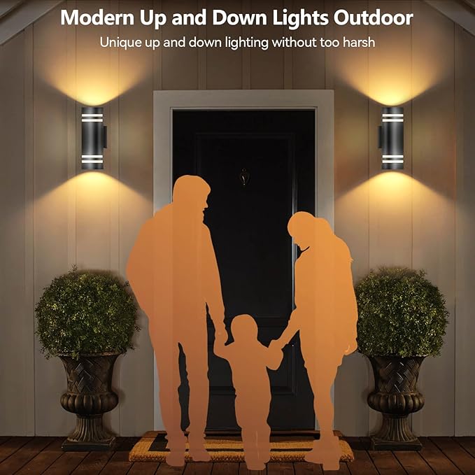 KIZON Smart Porch Lights 2 Pack, Modern Dusk to Dawn Outdoor Wall Lights Color Changing, Dimmable RGB Exterior Sconce Up and Down Light, Outside Lights for House Garage, Works with Alexa, ETL Listed