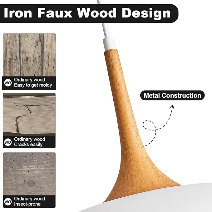 White Pendant Lights Kitchen Island,Modern Pendant Light Fixtures,Farmhouse Adjustable Hanging Pendant Lighting for Foyer Entryway Hallway Bedroom Dining Room Living Room,Faux-Wood,Small 12.6 inch