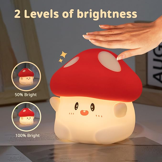 Cute Mushroom Lamp, 2 Levels Dimmable Mushroom Night Light with Timer, Rechargeable Kids Night Light for Baby Nursery, Kawaii Squishy Night Light Mushroom Decor for Kids Room Bedroom (Red)