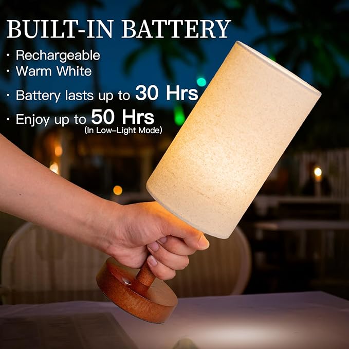 Small Table Lamp Nightstand Lamp Linen Lampshade Bedroom Wood Base Small Bedside Lamp for Night Stands, Desk Lamps for Reading Living Room, Office (LED Bulb Included) (Walnut Wood Cordless(2))