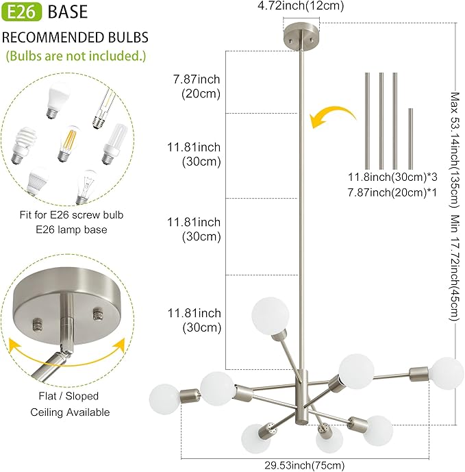 Brushed Nickel Chandeliers Modern Sputnik Chandelier 8-Light Mid Century Ceiling Lighting Fixture for Living Room, Kitchen, Bedroom, Dining Room, and Farmhouse