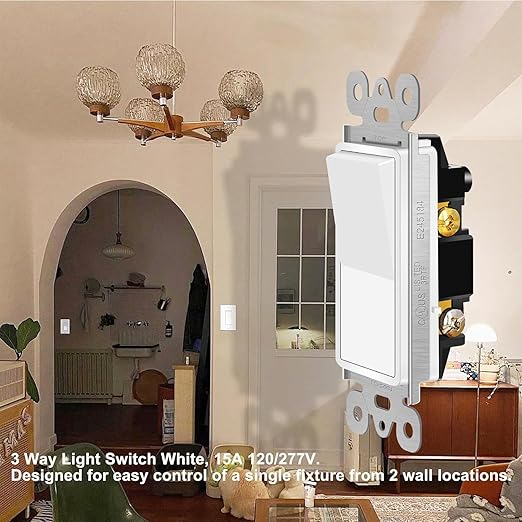 Greencycle 3 Way Light Switch,Three Way Single Pole Switches, 15A 120-277V Rocker Paddle Wall Switch,On Off Switches, Self-Grounding, UL Certified,Residential and Commercial Grade,White,40PK