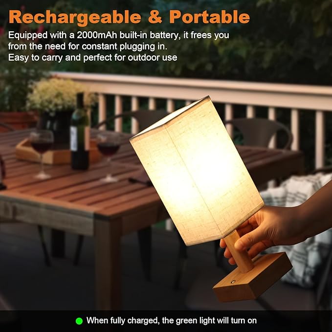 Small Cordless Touch Square Table Lamp with Stepless Dimming, Natural Wood Base & Linen Fabric Shade, Battery-Powered Ambient Night Light for Bedroom, Bedside, Nightstand,Room, Nursery