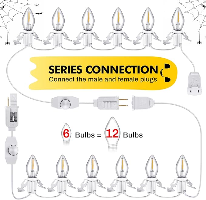 Meonum Christmas Village Lights with 6 LED Light Bulbs, 15 Feet Accessory Cord with C7 Lamp, Rotary On/Off, Female/Male Plugs, Spare Fuses, Blow Mold Light for Village House Craft Decorations (2 Pack)