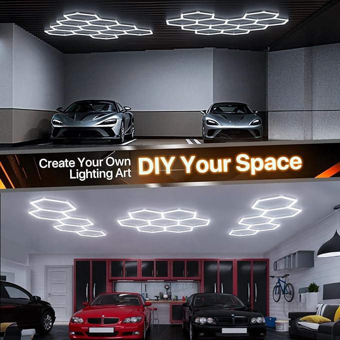 Hexagon Garage Lights: 581W 22 Grids Hexagon Led Lights, 6500K Ultra Bright Hex Light, Honeycomb Light for Garage, Shop, Basement, Barber, Homegym