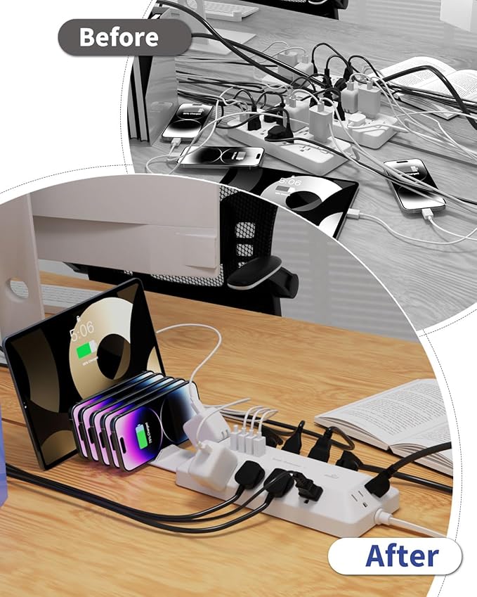 16 in 1 Surge Protector Power Strip with 4 USB (2 USB C) and 12 AC Outlets Extender, 6 Ft Flat Plug Extension Cord, Cable Management Outlets for Home Office and Dorm Rooms (White)