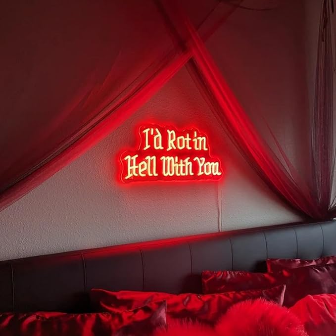 I’d Rot in Hell with You Neon Sign, Amigo the Devil Wedding Neon Sign, Gothic Home Decor, Unique Couple’s Neon Light for Weddings, Anniversary, and Dark-Themed Rooms 22.8"×10.4"