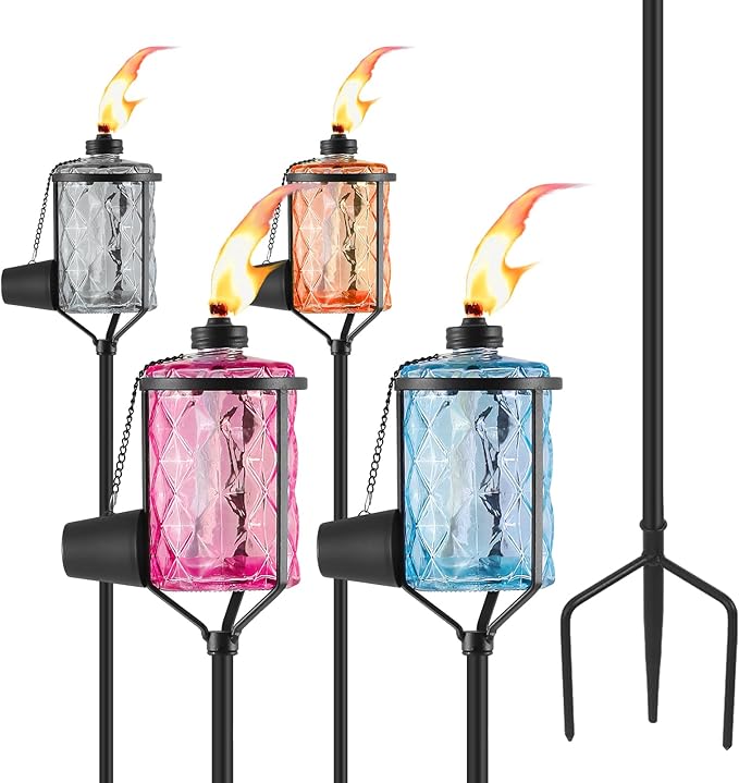 4 Pack Glass Citronella Torches, Modern Landscape Lanterns with 3-Prong Grounded Stake, Refillable Flame Light Torch for Garden Yard Patio Party Decor (Colorful)
