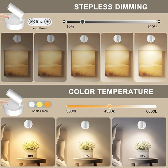 Kimjo Spot Lights Indoor, Wireless LED Spotlight, Uplighting Indoor with Remote and Dimmable, Accent Lighting for Plants, Picture, Battery Operated Wall Light (White 4 Pack)