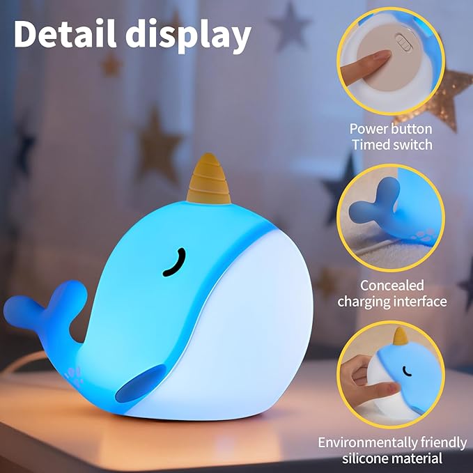 Narwhal Night Light, USB-C Rechargeable Tap Control Lamp with 3-Level Dimming & 30-Min Auto Timer, 7-Color Changing Squishy Silicone Nursery Light, Birthday Gift for Kids