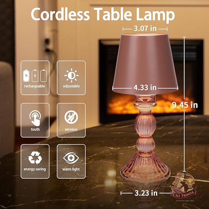 MJ PREMIER Cordless Table Lamp, Small Rechargeable Lamp with Touch Control, 9.5" H, 3 Color Stepless Dimming Battery Operated Lamps for Bedroom/Living Room/Bathroom/Kitchen/Corner/Entryway (Pink)