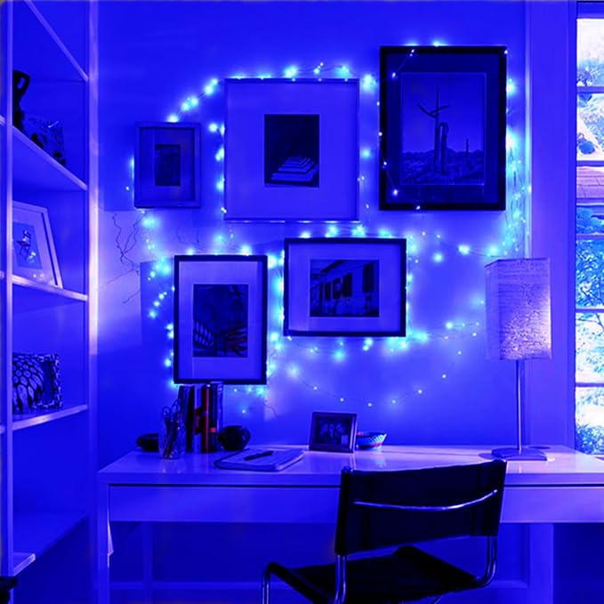 Blue Fairy Lights Battery Operated 3 Speed Modes 7Ft 20 LED Mini Christmas Tree String Waterproof Twinkle Firefly for Bedroom Thanksgiving Valentine's Decor