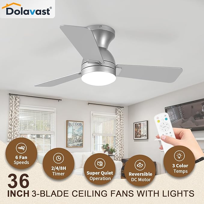 Ceiling Fans with Lights and Remote, 36 Inch Ceiling Fan with Light, Low Profile, Reversible, Dimmable LED, Flush Mount, Quiet, DC Motor, Nickel Ceiling Fan for Bedroom, Kitchen, Dining Room