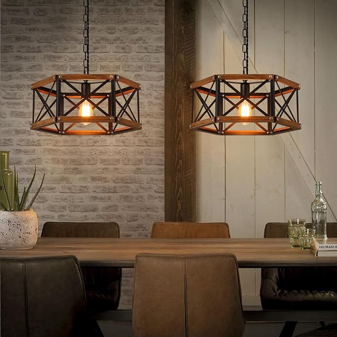 Rustic Farmhouse Large Plug in Pendant Light Fixture with Adjustable Chain, Dimmable Switch, 17.8 inch Industrial Oak Wood and Metal Cage Hanging Lamp for Dining Room Kitchen Farmhouse Entry, Black