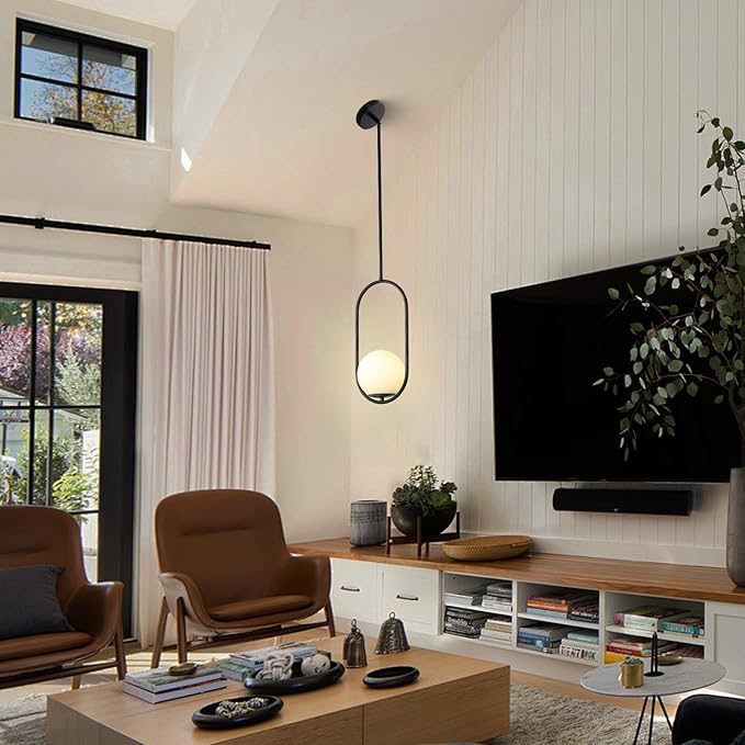 Yunnix 1-Light Modern Black Globe Pendant Lights Kitchen Island | Milk Glass Hanging Lamp for Kitchen Island, Dining Room, Bedroom, Living Room (Bulb Not Included)