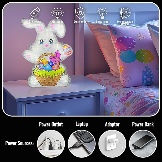 Allenjoy Spring Easter Bunny Rabbit Basket Eggs Night Light Up Box for Kids Gifts USB Powered Lamp Lightbox Bedroom Room Wall Art Table Desk Decorations Decor Sign