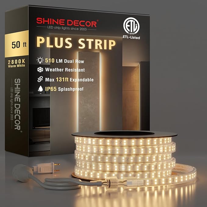 Shine Decor Plus LED Strip Lights AC 120V, Connectable Double Row Bright Rope Light, ETL IP65 Waterproof & Weather-Resistant for Accent Lighting, 7x17mm, 2800K Warm White, 50FT