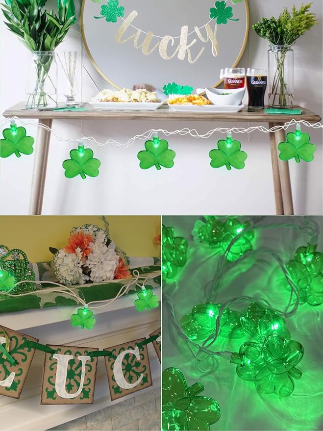 SUNSGNE Shamrock String Lights St. Patrick's Day Lights, 8.5Ft Outdoor Patio String Light with 10 LED Green Shamrock, Plug in Fairy Lucky Clover String Lights for Home Garden Irish Party Decoration