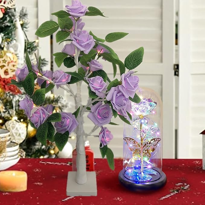 Tabletop Rose Flower LED Tree Light,Mini Light up Bonsai Tree, Indoors Decorative Light up Trees for Fireplace Bedroom Home Wedding Party Decor,Table Lamp for Valentine Wedding Gifts,21.6Inch