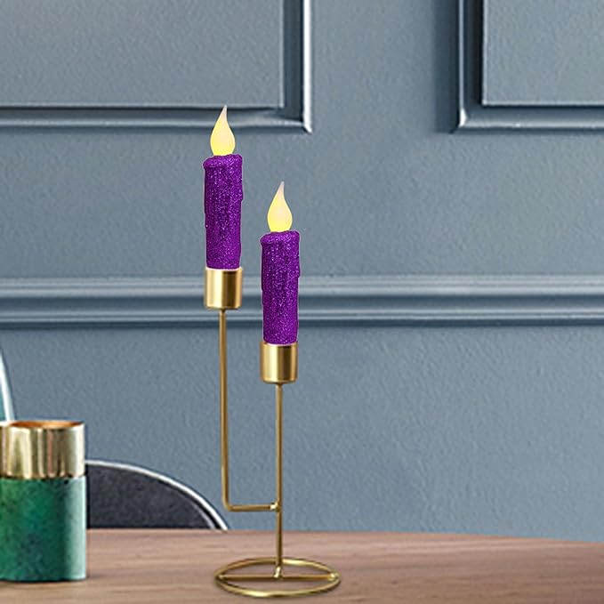 CVHOMEDECO. Glitter Flameless Candles Flickering Battery Operated LED Taper Candles with Timer for Home, Wedding, Halloween, Christmas Decor. Purple, 4-3/4 Inch, Set of 6