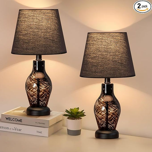 ONEWISH Small Bedside Table Lamp Set of 2, Wine Bottle Shape Glass Body, Warm Ambient Lighting, Bulb Included, 14" Height, Black