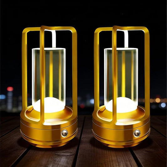 Outdoor Table Lamp, 4000mAh Rechargeable Battery Operated lamp, 3 Color Stepless Dimmable Cordless Table Lamp for Patio, Camping, Coffee Table, Crystal Lantern lamp for Indoor/Outdoor (Gold Set of 2)