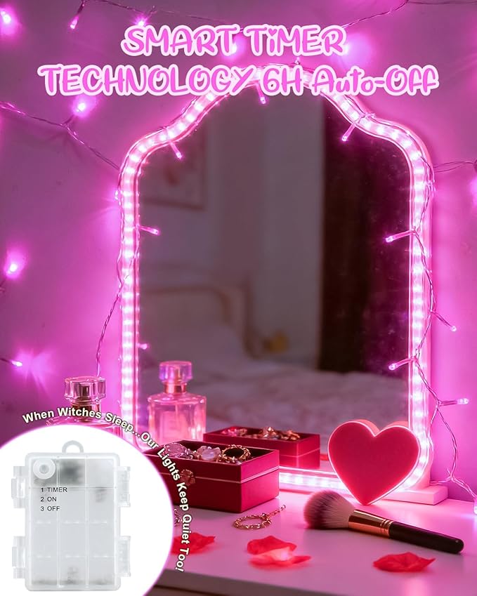 Pink String Lights Battery Operated, Valentine’s Day Lights with Timer Waterproof 16.4ft 50 LED Valentines Decorations for Outdoor Indoor Patio Party Garden Yard Decor 2 Packs
