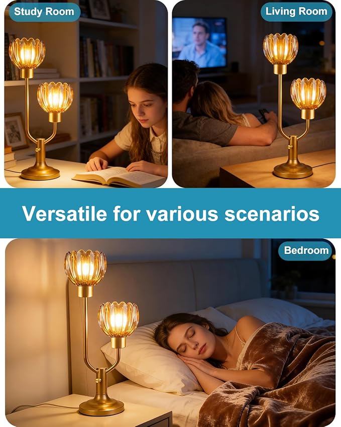 Lightdot Mid Century Modern Glass Table Lamp Gold Dimmable U-Shaped Desk Lamps with Brown Glass Shade& 2Pcs 3000K Warmwhite Bulbs Included Bedside Nightstand Lamp for Living Room Bedroom