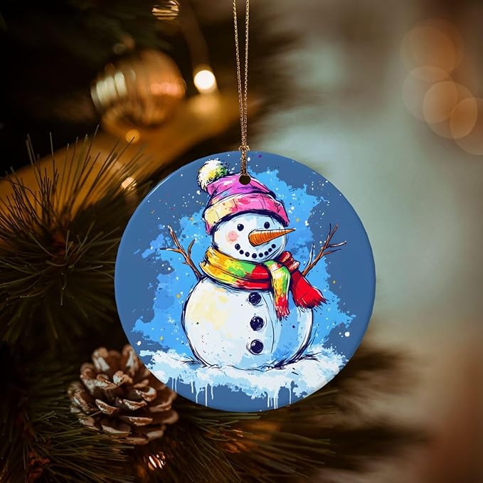 Christmas Cartoon Colorful Snowman Christmas Ornaments, Christmas Decorations Xmas Tree Hanging Ornaments, Round Ceramic Festive Keepsake Gift for Xmas Decorations Holiday Home Decor