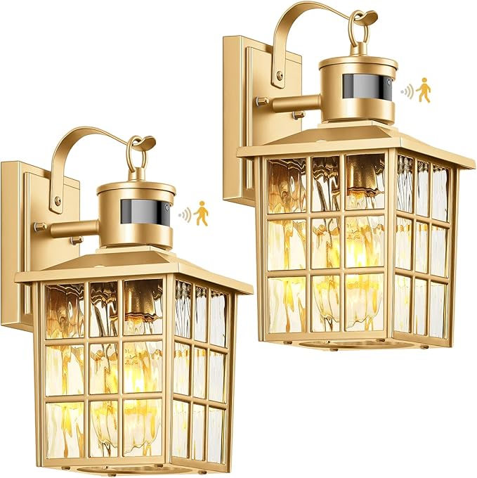 VIANIS 2 Pack Gold Motion Sensor Porch Lights Outdoor, Modern Exterior Lighting Fixtures Wall Mount for House, 100% Aluminum Waterproof Outdoor Sconce Lights, Anti-Rust Exterior Garage Light Fixtures