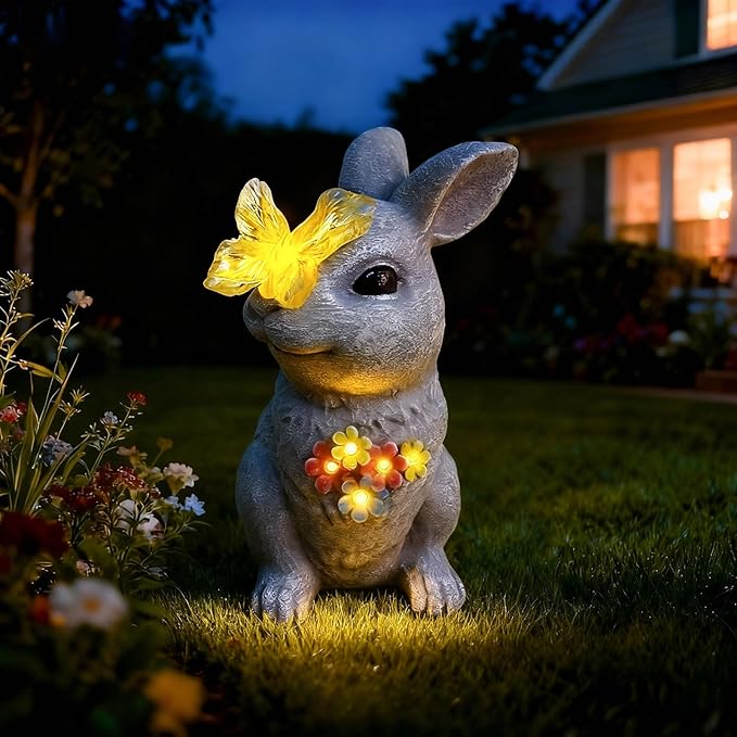 Solar Bunny Garden Statue with Glowing Butterfly - 8.3" Outdoor Garden Decor for Yard, Patio - Resin Rabbit Figurine Lights - Ideal Easter Decorations & Birthday Gifts for Mom, Grandma